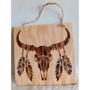 Handmade Longhorn Skull Home Decor Wood Burnished 12 X 12" Plaque Wall Hanging